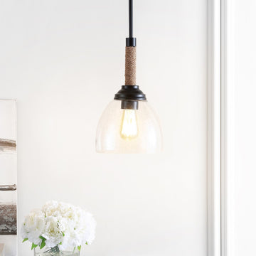 Alys 7.63" Adjustable Rope Wrap Modern Rustic Iron/Glass LED Pendant - JONATHAN Y